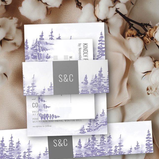 Mit Monogramm Lavender Winterwaldhochzeit Einladungsbanderole (Wedding invitation belly bands from my Winter Forest Lavender Wedding Collection)