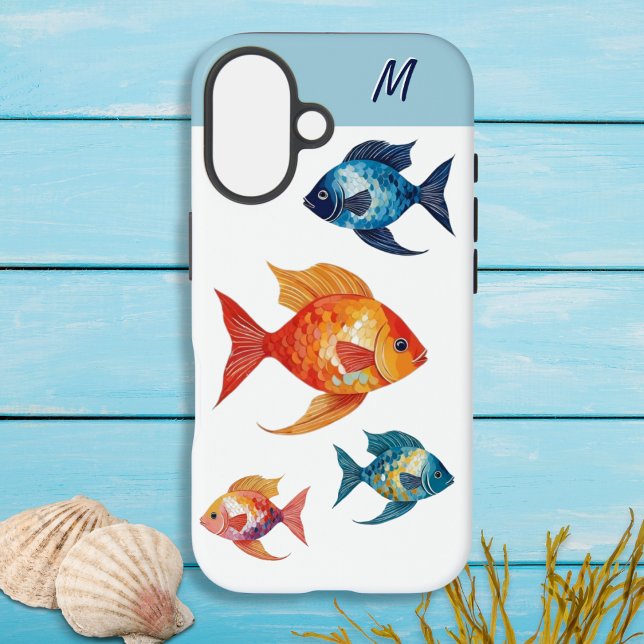 Mit Monogramm Leben im Fischmeer Case-Mate iPhone Hülle (A stylish monogrammed phone case with elegant swimming fish design)