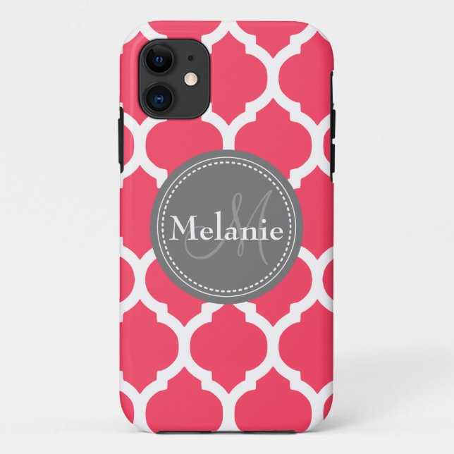 Mit Monogramm, lebendige Rosa- und Graufolie Case-Mate iPhone Hülle (Rückseite)