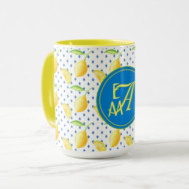 Mit Monogramm Lemon Tree Royal Blue Wohngestaltung Tasse (Vorderseite Links)