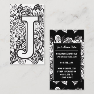 Mit Monogramm Letter J Black and White Floral Blum Visitenkarte