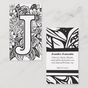 Mit Monogramm Letter J Simple Floral Black and Whi Visitenkarte