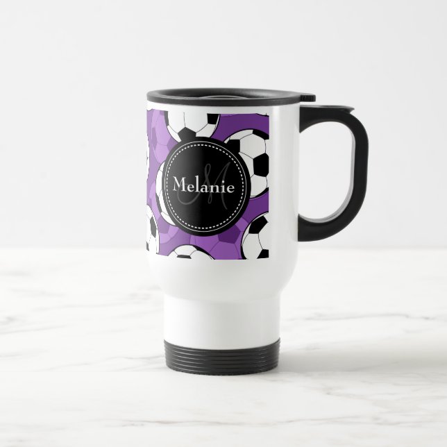 Mit Monogramm Lila Black Soccer Ball-Muster Reisebecher (Rechts)