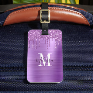 Mit Monogramm Lila Glitzer Tropfen gebürstetes Met Gepäckanhänger