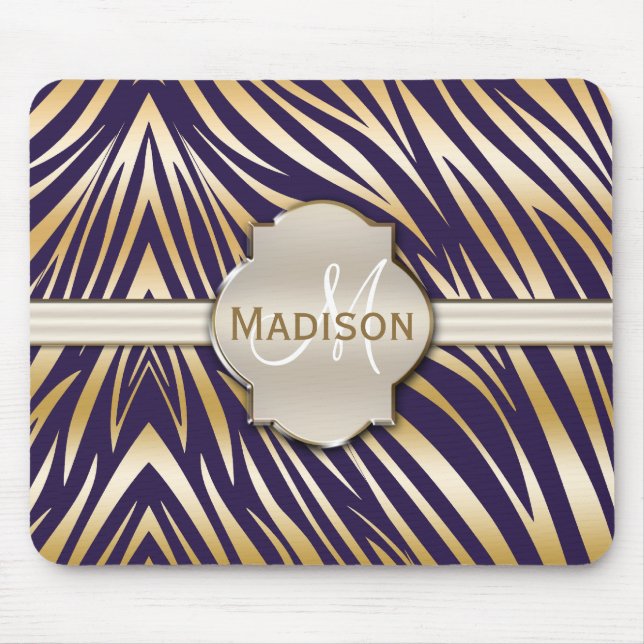 Mit Monogramm Lila Gold Zebra-Druckmuster Mousepad (Vorne)