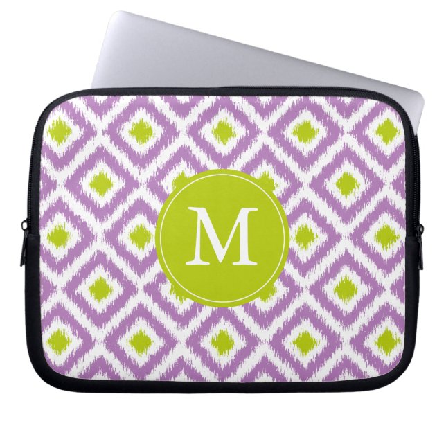 Mit Monogramm Lila Green Diamond Ikat Muster Laptopschutzhülle (Vorderseite)