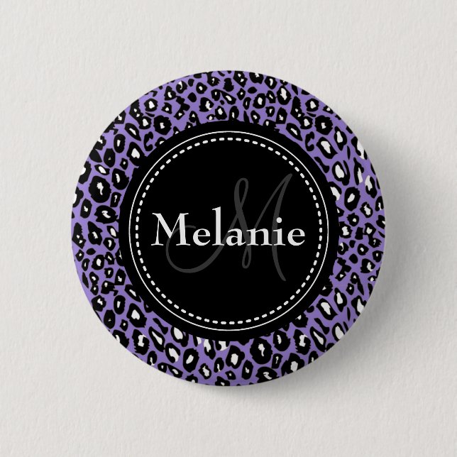 Mit Monogramm Lila Schwarz-weißes Leopard-Muster Button (Vorderseite)