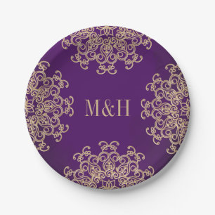 Mit Monogramm Lila und goldene indische Hochzeit Pappteller