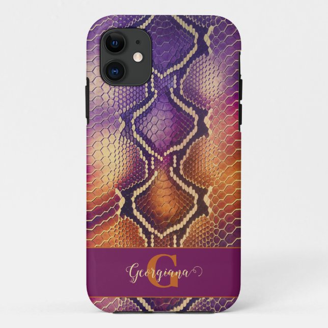 Mit Monogramm Lila und goldene Schlangenhaut Case-Mate iPhone Hülle (Rückseite)
