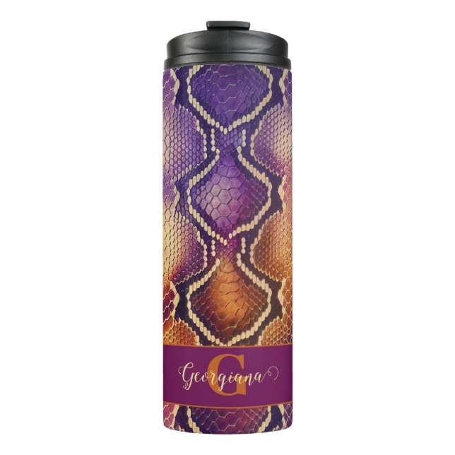 Mit Monogramm Lila und goldene Schlangenhaut Thermosbecher (Vorderseite)