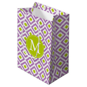 Mit Monogramm Lila und grüne Diamanten Ikat-Muster Mittlere Geschenktüte