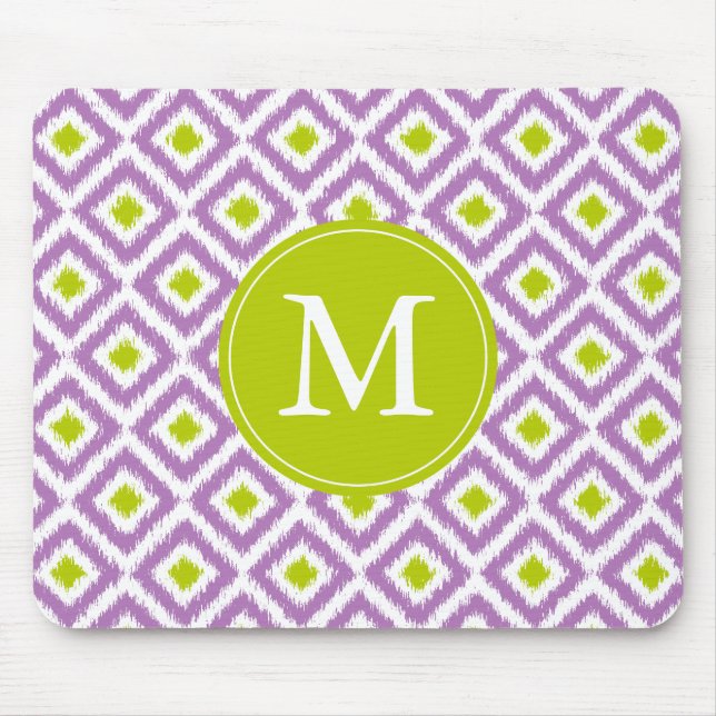 Mit Monogramm Lila und grünes Ikat-Muster Mousepad (Vorne)