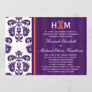 Mit Monogramm Lila und orange Damast Hochzeit Einladung