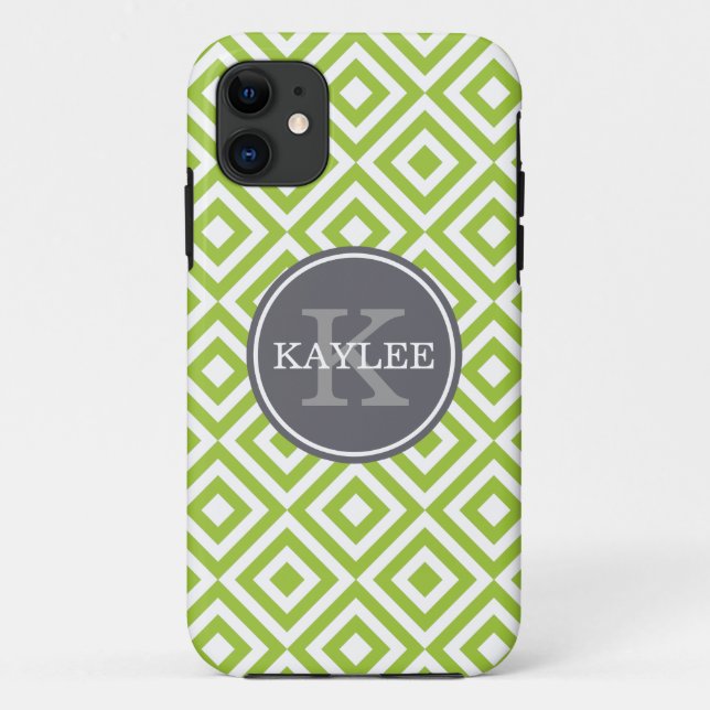 Mit Monogramm Lime Green Geometric Diamond-Muster Case-Mate iPhone Hülle (Rückseite)