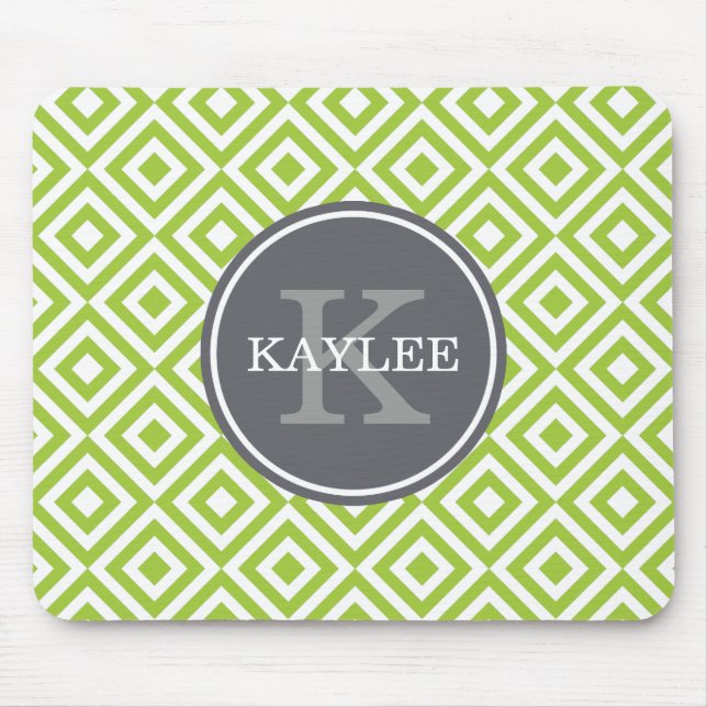 Mit Monogramm Lime Green Geometric Diamond-Muster Mousepad (Vorne)
