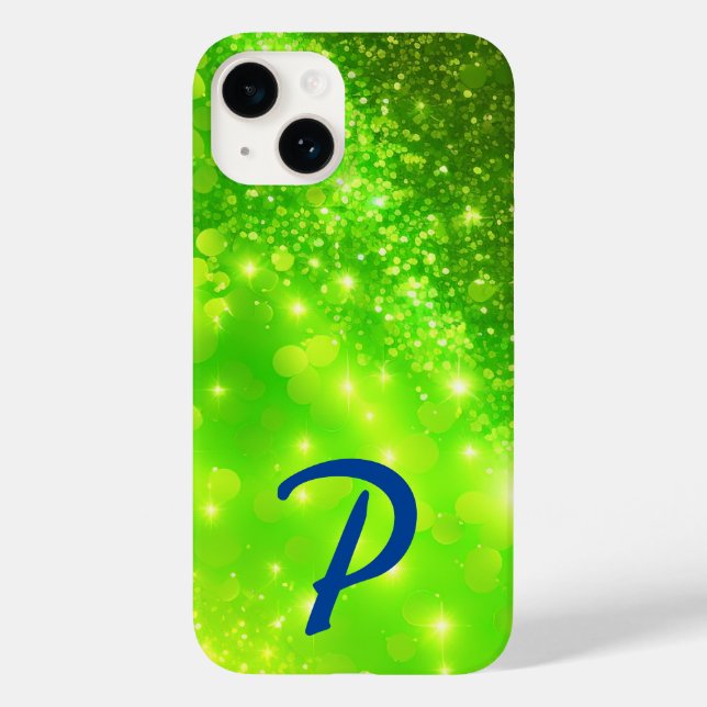 Mit Monogramm Lime Green Holographic Glitzer Case-Mate iPhone Hülle (Rückseite)
