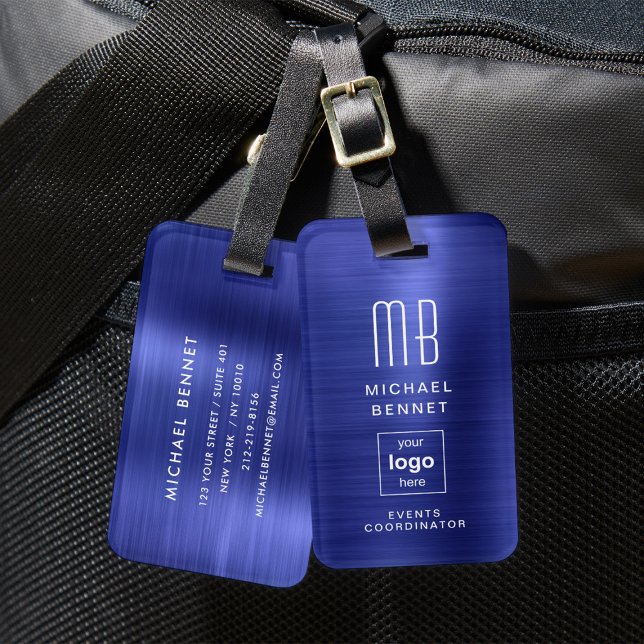 Mit Monogramm Logo Navy Blue Brushmetall Gepäckanhänger (Custom Logo Monogrammed Navy Blue Brushed Metal Luggage Tag)
