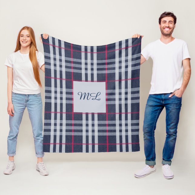 Mit Monogramm London Kariert Checked Navy Blue Fleecedecke (Beispiel)
