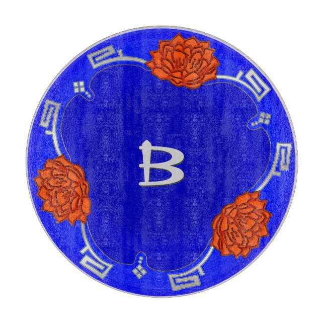 Mit Monogramm Lotus Blossom - Blau, Rot, Silber Schneidebrett (Vorderseite)