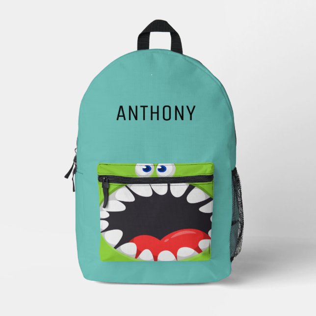 Mit Monogramm lustiger Cartoon Green Blue Bedruckter Rucksack (Vorderseite)