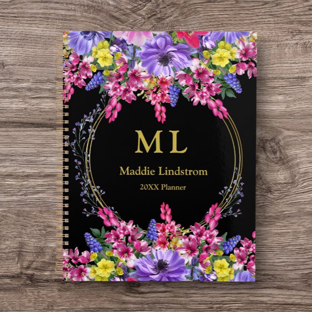 Mit Monogramm Luxus Schwarz Multicolor Blumenmuste Planer (Journal/Planner with Name and Date. Customize for yourself or as a gift for a friend.)
