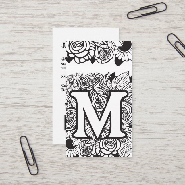 Mit Monogramm M Floral Black and White Company Log Visitenkarte (Vorderseite/Rückseite Beispiel)