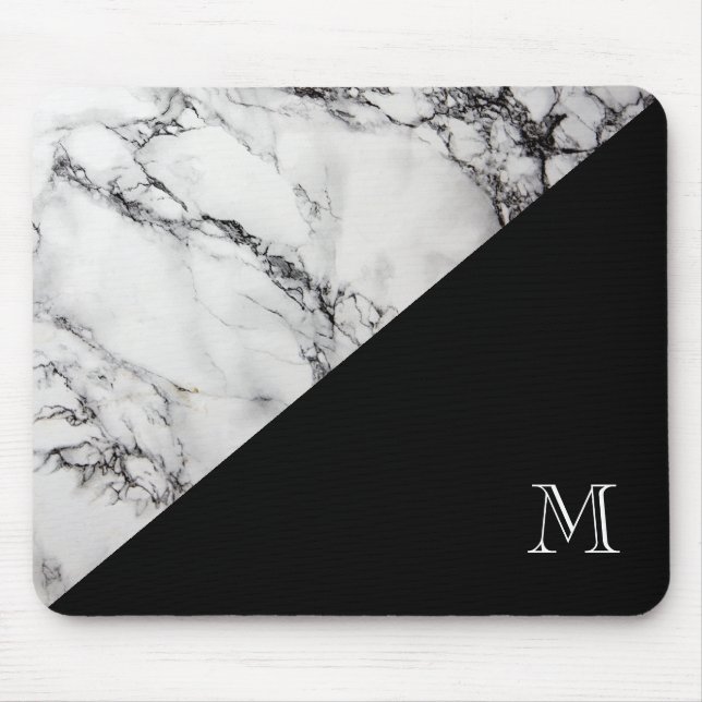 Mit Monogramm Marmorsteintextur Schwarz-Weiß Mousepad (Vorne)