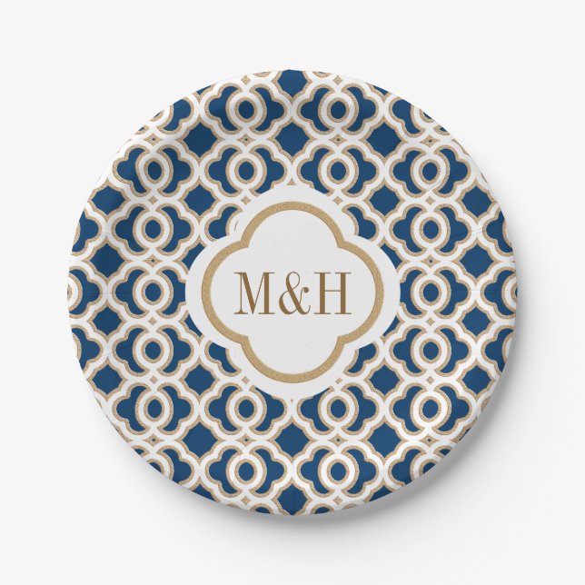 Mit Monogramm marokkanische Hochzeit Pappteller (Vorderseite)
