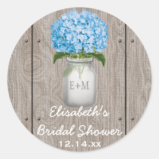 Mit Monogramm Mason Jar Blue Hydrangea Brautparty Runder Aufkleber (Vorderseite)