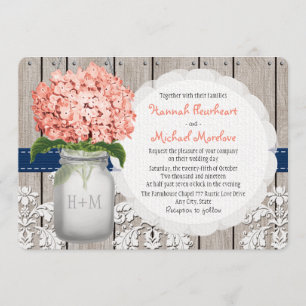 Mit Monogramm Mason Jar Coral Navy Hydrangea Hochz Einladung