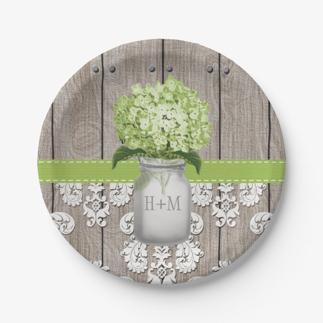 Mit Monogramm Mason Jar Green Hydrangea Wedding Pappteller (Vorderseite)