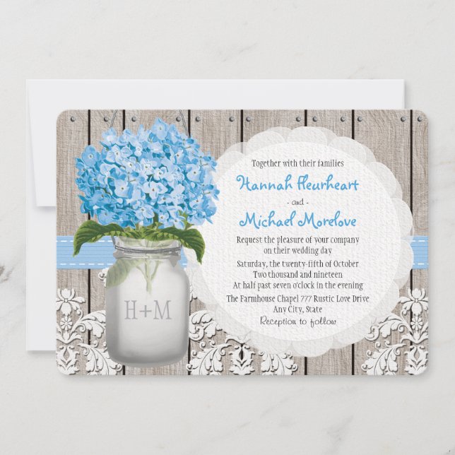 Mit Monogramm Maurer-Glasblaue Hydrangea-Hochzeit Einladung (Vorderseite)