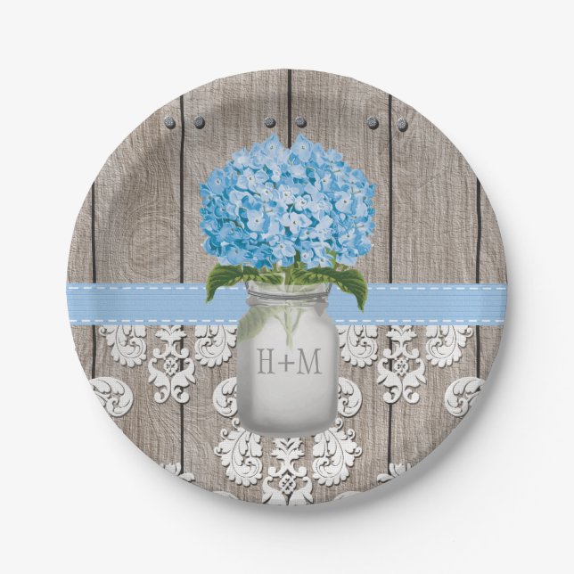 Mit Monogramm Maurer-Glasblaue Hydrangea-Hochzeit Pappteller (Vorderseite)