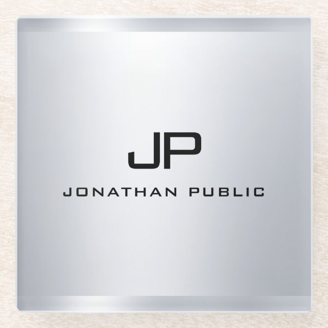 Mit Monogramm metallisches Silber Look Template El Glasuntersetzer (Vorderseite)