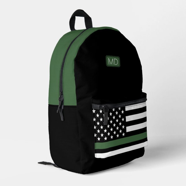 Mit Monogramm militärische dünne grüne Linie Bedruckter Rucksack (Rückseitige Ecke links)