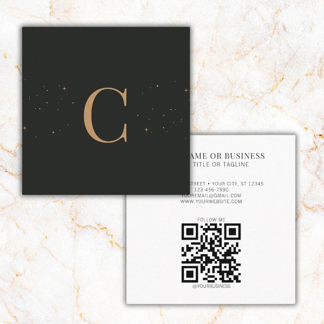 Mit Monogramm Minimal Celestial Stars Black QR Cod Quadratische Visitenkarte (Von Creator hochgeladen)