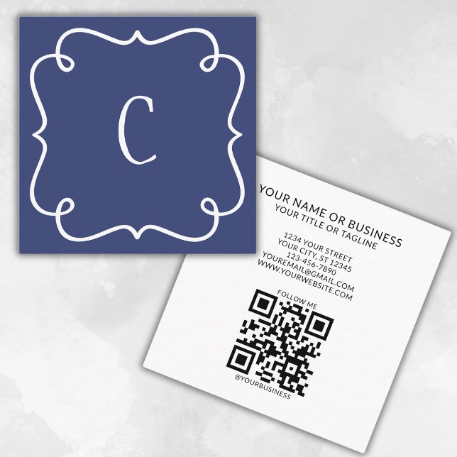 Mit Monogramm Minimal Trendy Navy Blue QR Code Quadratische Visitenkarte (Von Creator hochgeladen)