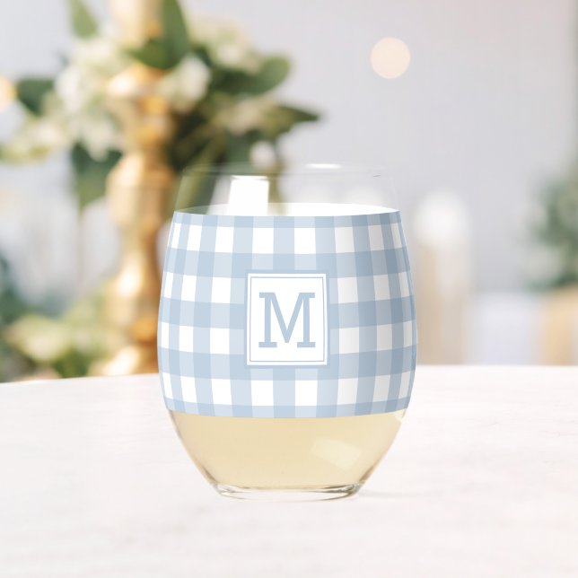 Mit Monogramm Minimalistisches Blue Gingham Karier Weinglas Ohne Stiel (Insitu (Hochzeit))