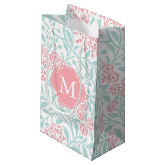 Mit Monogramm Minze und korallenrotes Kleine Geschenktüte (Vorderseite Schrägansicht)