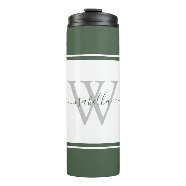 Mit Monogramm Modern Script Evergreen Thermosbecher (Vorderseite)