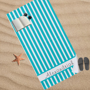Mit Monogramm Moderne Aquamarine blaue Streifen Strandtuch