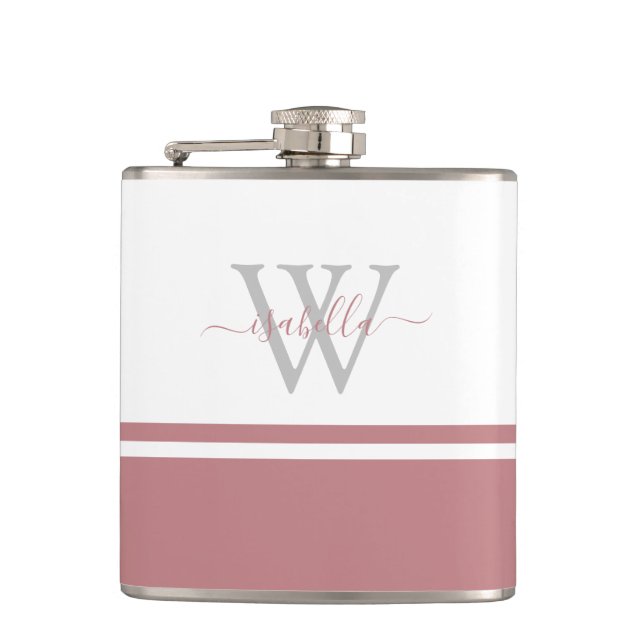 Mit Monogramm moderne Script-Dusty-Rose Flachmann (Vorderseite)