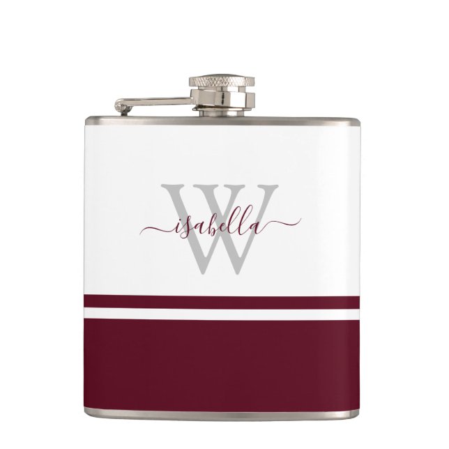 Mit Monogramm, modernes Script Burgundy Flachmann (Vorderseite)