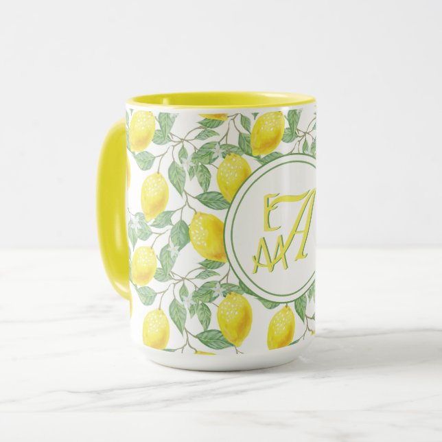 Mit Monogramm Muster der Zitronenbaume Gelb-grüne  Tasse (Vorderseite Links)
