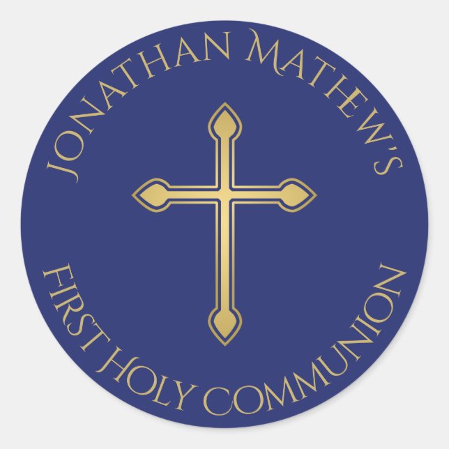 Mit Monogramm Name Blau des ersten Kommunalgolds Runder Aufkleber (Vorderseite)