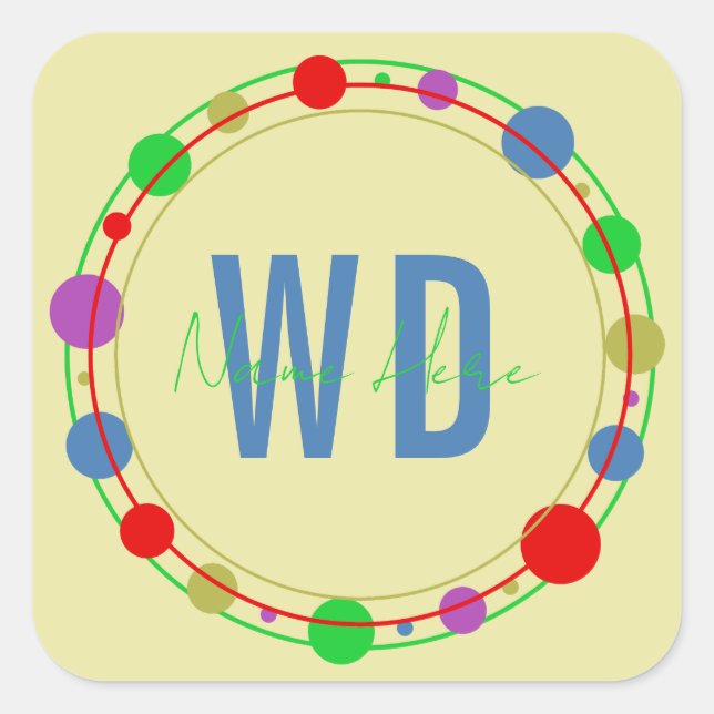 Mit Monogramm Name Farbkreise Tgelb Quadratischer Aufkleber (Vorderseite)