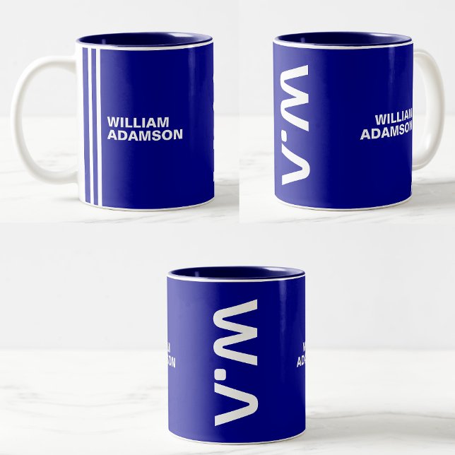 Mit Monogramm Name für ihn | Modern Navy Blue Whit Zweifarbige Tasse (Navy Blue Coffee Mugs)
