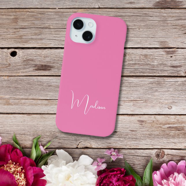 Mit Monogramm Name Hot Pink Weiß Minimal Minimalis Case-Mate iPhone Hülle (Monogram Name Hot Pink White iPhone case)