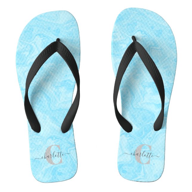 Mit Monogramm Name in Pastel Blue Marble Flip Flops (Fußbett)