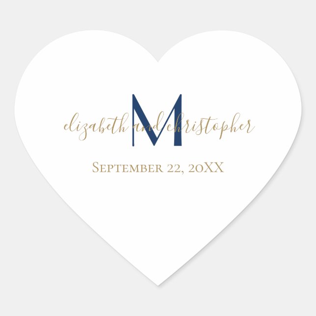 Mit Monogramm Name Initials Blue Gold Wedding Herz-Aufkleber (Vorderseite)